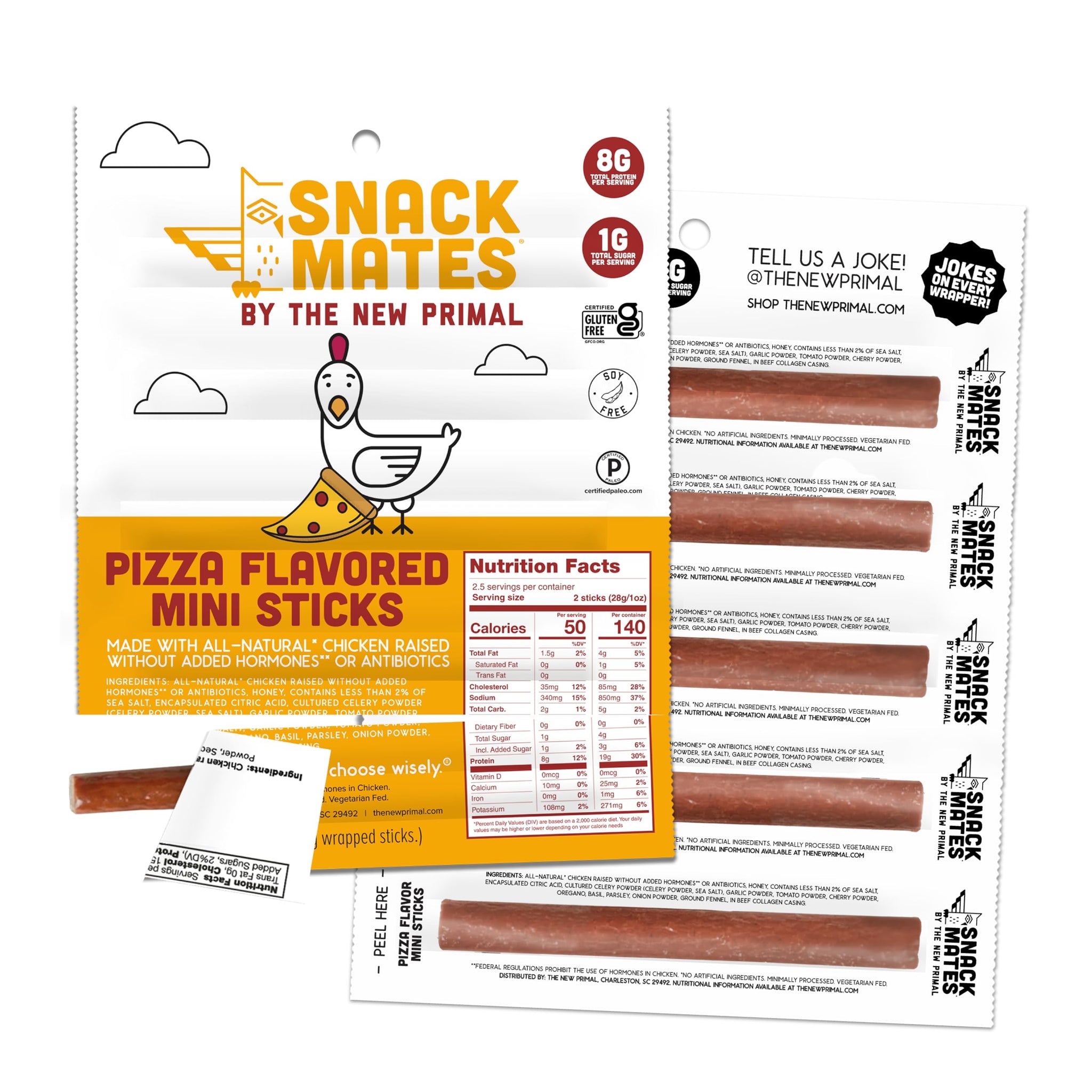 New Primal Snack Mates Pepperoni Pizza Chicken Sticks, Gluten Free Healthy Snacks for Kids, Low Sugar High Protein Back to School Snacks, Mini Paleo