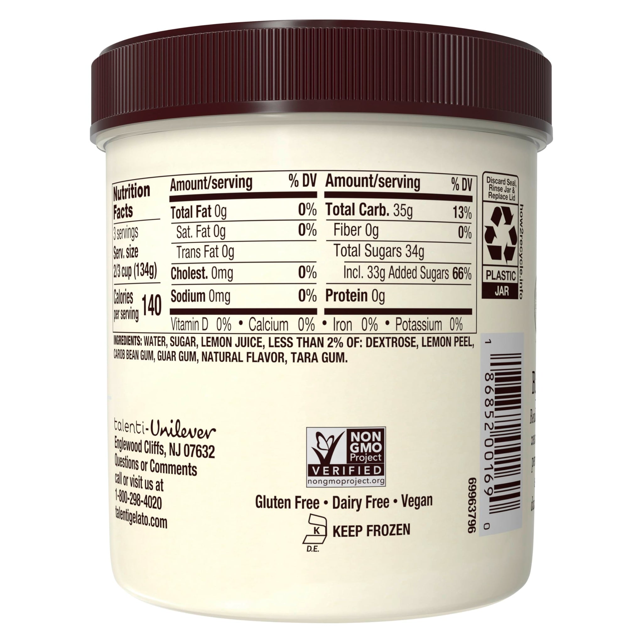 Talenti Dairy-Free Sorbetto Zesty Lemon for Your Next Indulgence, with Real Lemon in Each Jar, 1 pint