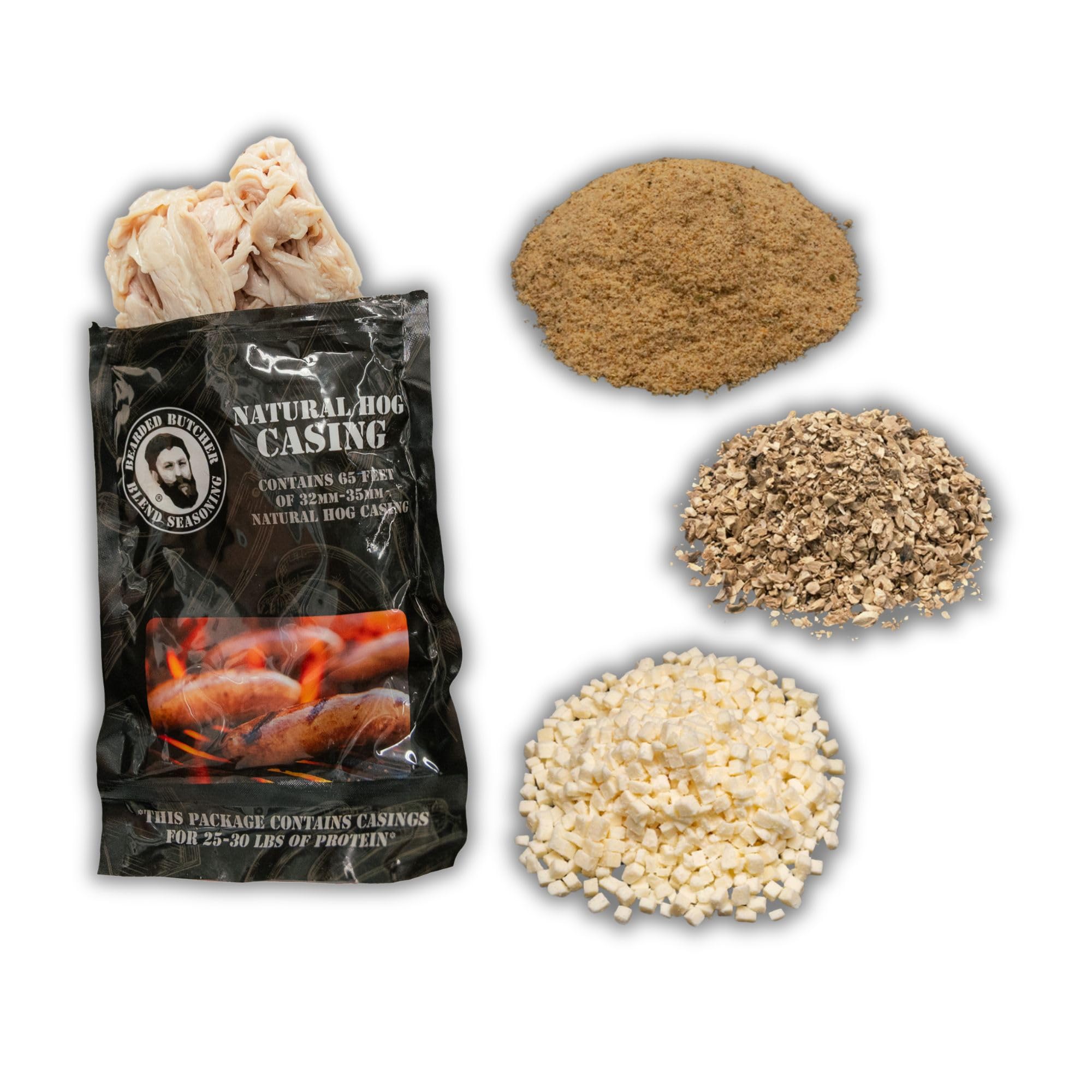 Bearded Butchers Mushroom & Swiss Bratwurst DIY Kit - Brats with Seasoning, Swiss Cheese, Mushroom Bits & 32mm-35mm Natural Hog Casings - Great