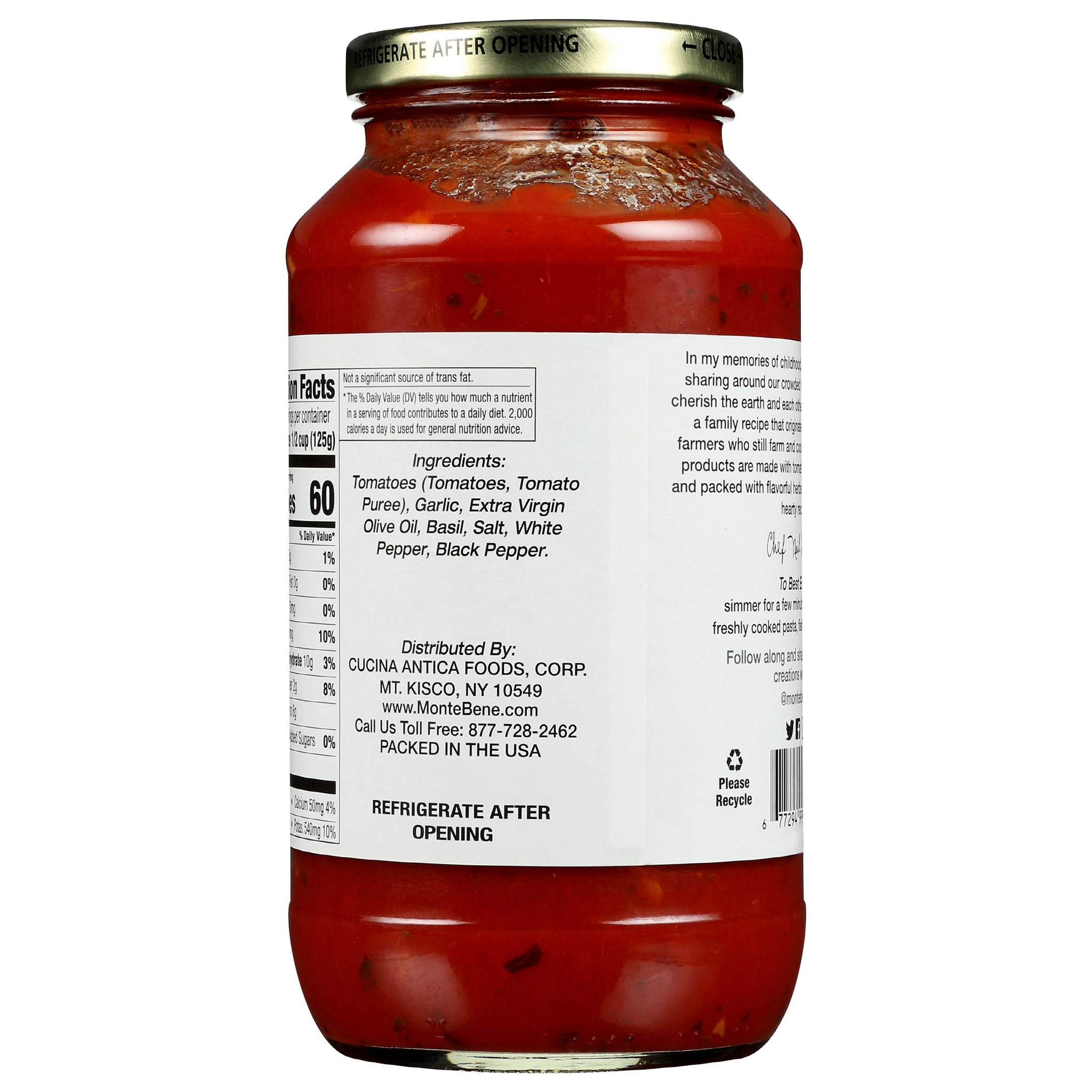 Monte Bene - Garlic Marinara Pasta Sauce - 24 oz (Pack of 6) - Non GMO, Whole 30 Approved, Gluten Free, No Sugar Added