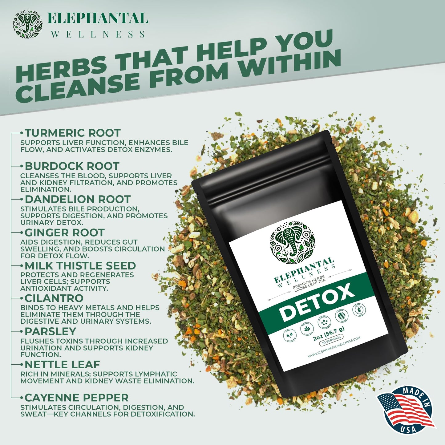 Elephantal Wellness Premium Detox Herbal Tea | Daily Liver, Kidney, Blood & Digestive Support with Turmeric, Nettle Tea, Milk Thistle, Dandelion Tea
