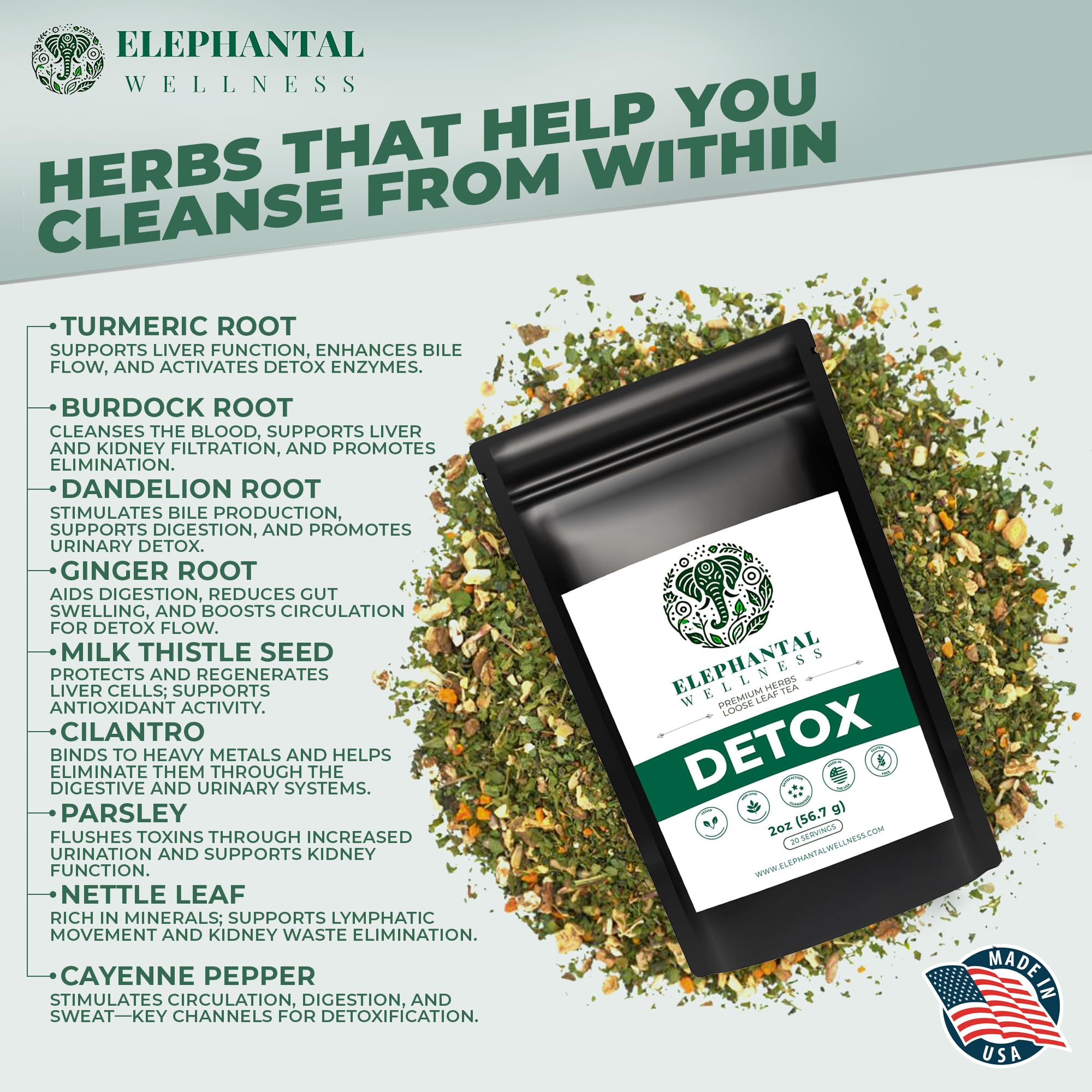 Elephantal Wellness Premium Detox Herbal Tea | Daily Liver, Kidney, Blood & Digestive Support with Turmeric, Nettle Tea, Milk Thistle, Dandelion Tea