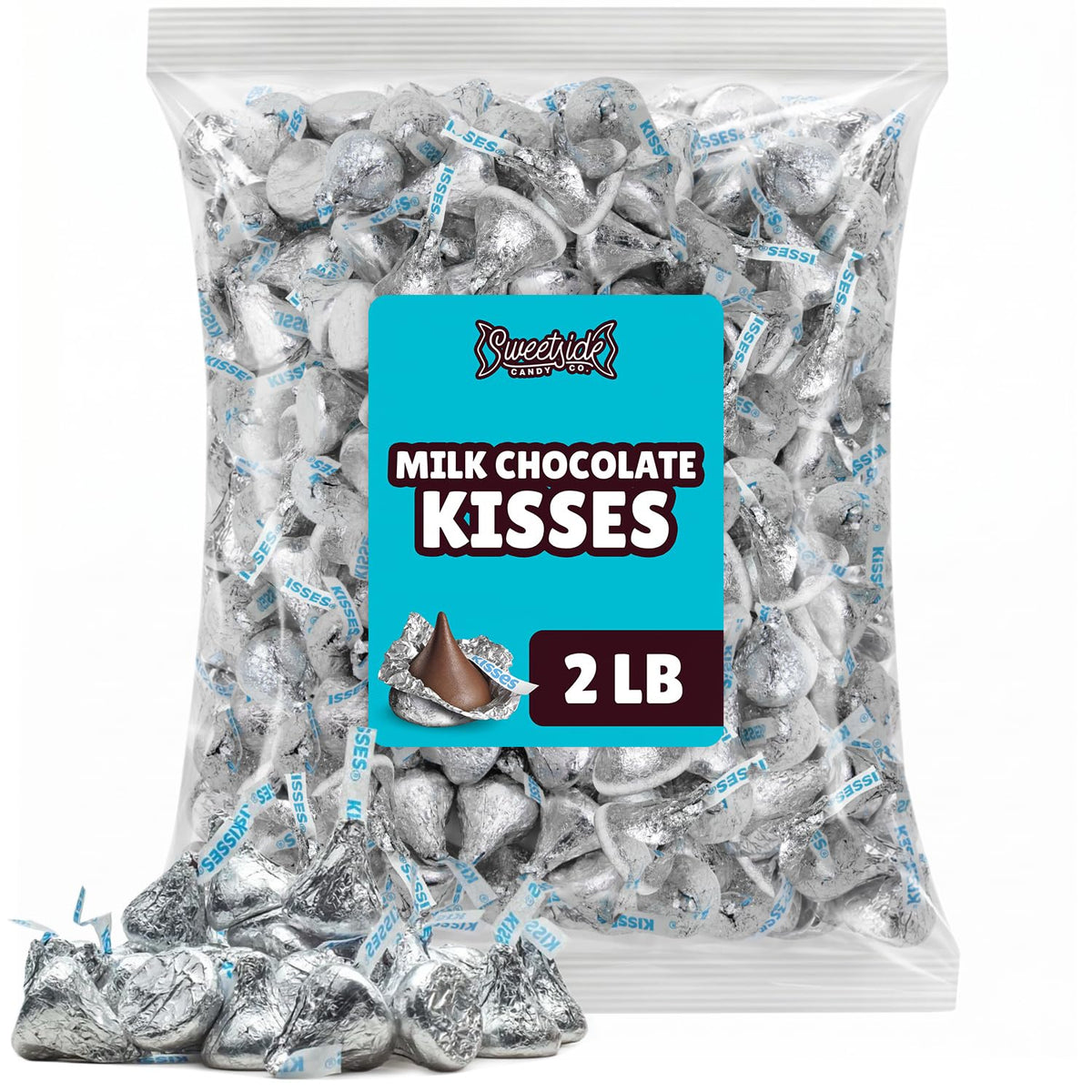 Milk Chocolate Kisses, Silver Individually Wrapped Candy, Bulk, 2 lb