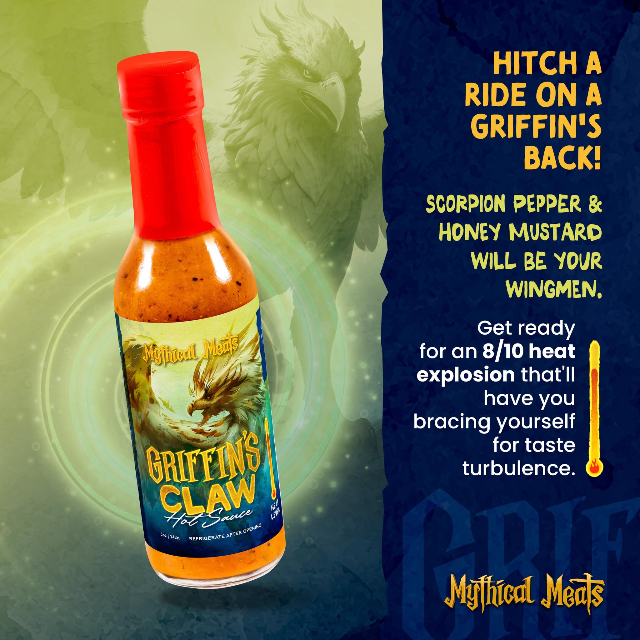 Mythical Meats Griffin's Claw Hot Sauce - Scorpion Pepper & Honey Mustard, Gluten Free, Non- GMO, 8/10 Heat