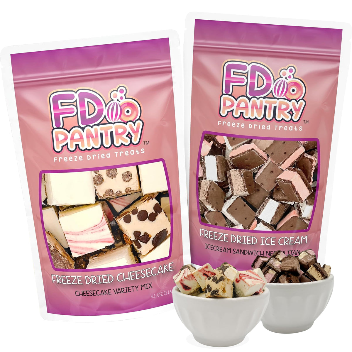 Freeze Dried Cheesecake Bites & Ice Cream Sandwich Bites - New York Style, Neapolitan - Chocolate, Strawberry, Vanilla - Crunchy Dehydrated Dessert