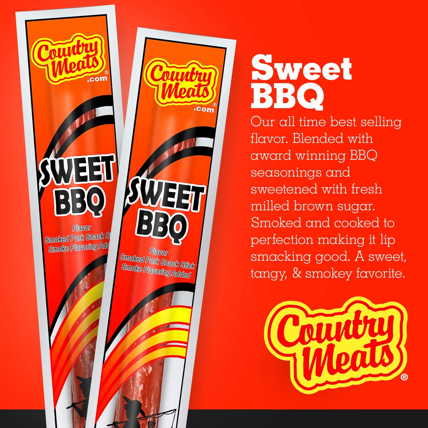Country Meats, Meat Sticks, USDA Certified, 0 Trans Fat, Low Carb, High Protein, Keto Snack, Keto Friendly (10 Sticks, Sweet BBQ)