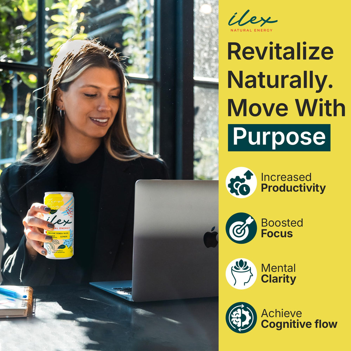 ILEX Yerba Mate Energy Drink, Zero Sugar, Lemon, 9 fl oz (Pack of 6)