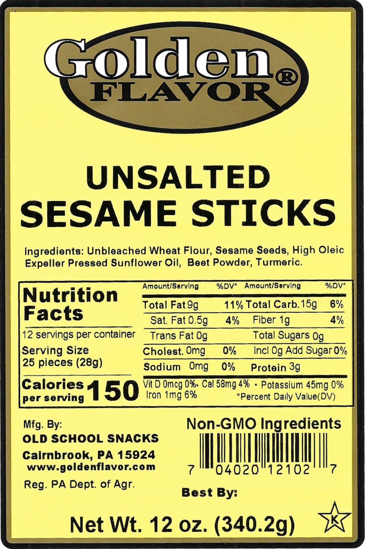 Golden Flavor - Unsalted Sesame Sticks - 12 oz bags (5 Pack)
