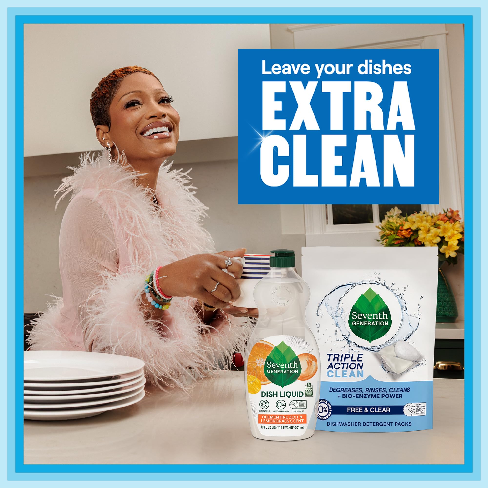 Seventh Generation Triple Action Clean Automatic Dishwasher Detergent Packs with Bio-Enzyme Power, Free & Clear, Fights 48-hour Stuck-on Food, 54
