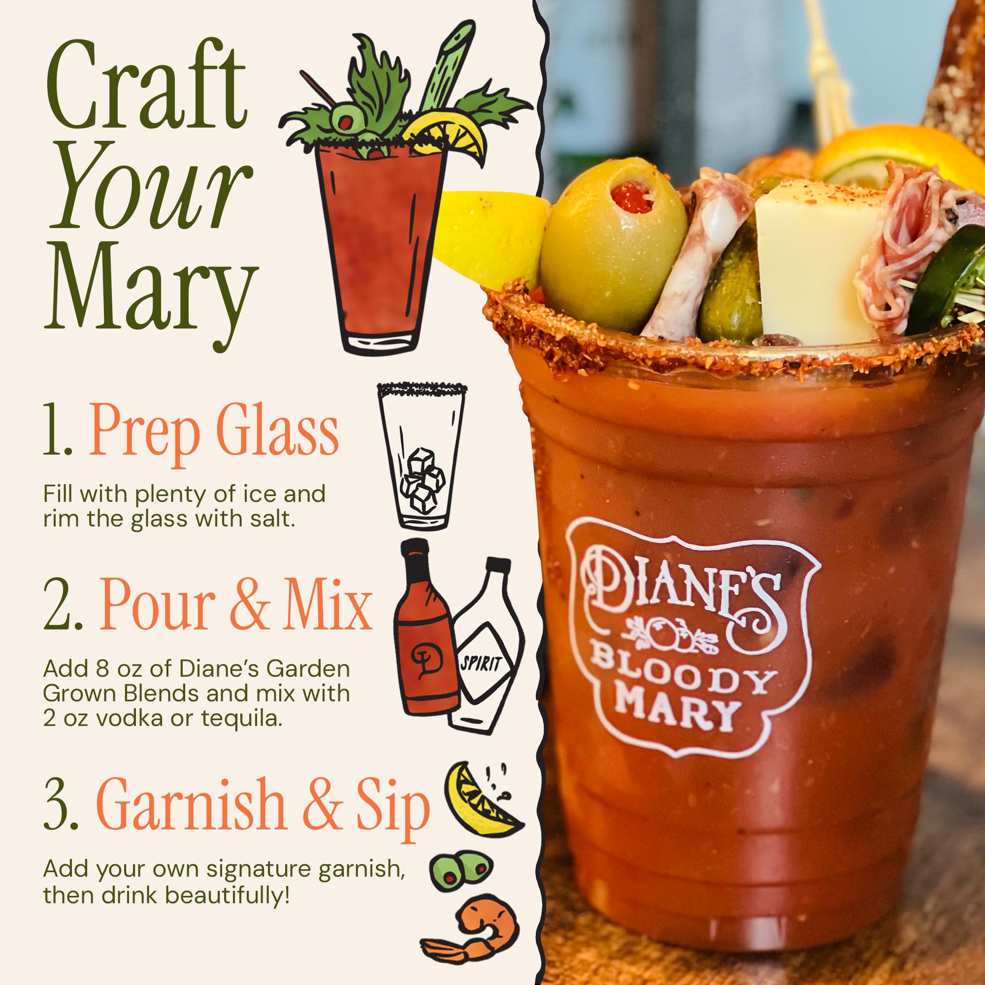 Diane Mina - Diane’s Original Bloody Mary Mixer | Crafted with Authentic Ingredients & Premium Italian San Marzano Tomatoes | Naturally Low in Sodium