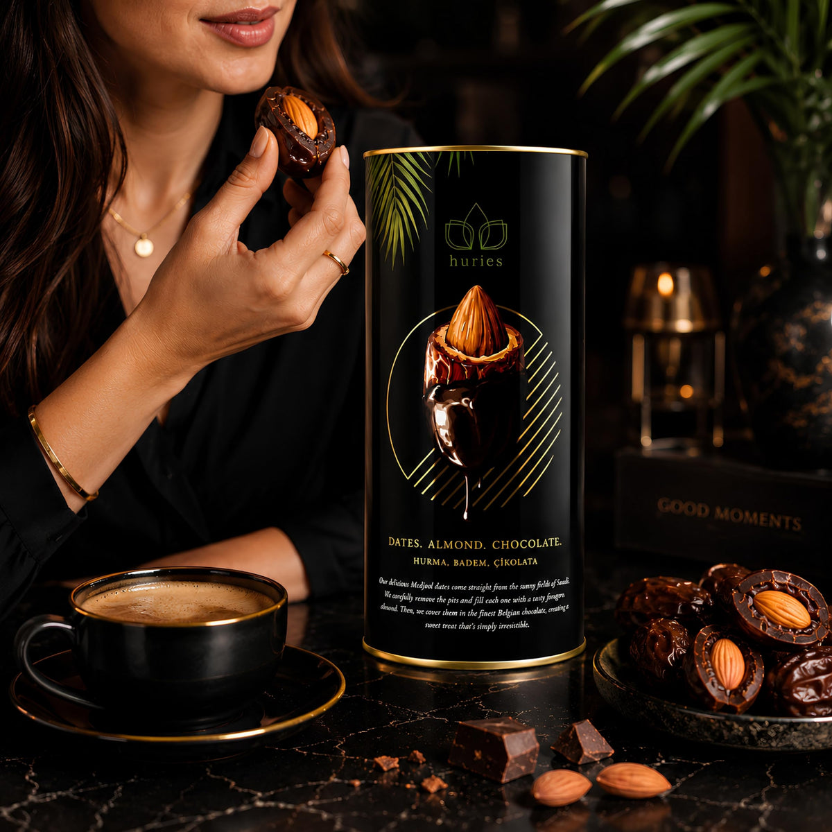 Huries Dark Chocolate Covered Dates with Almonds, Individually Wrapped Gourmet Stuffed Date Candy, Turkish Dessert Snack, 200 g