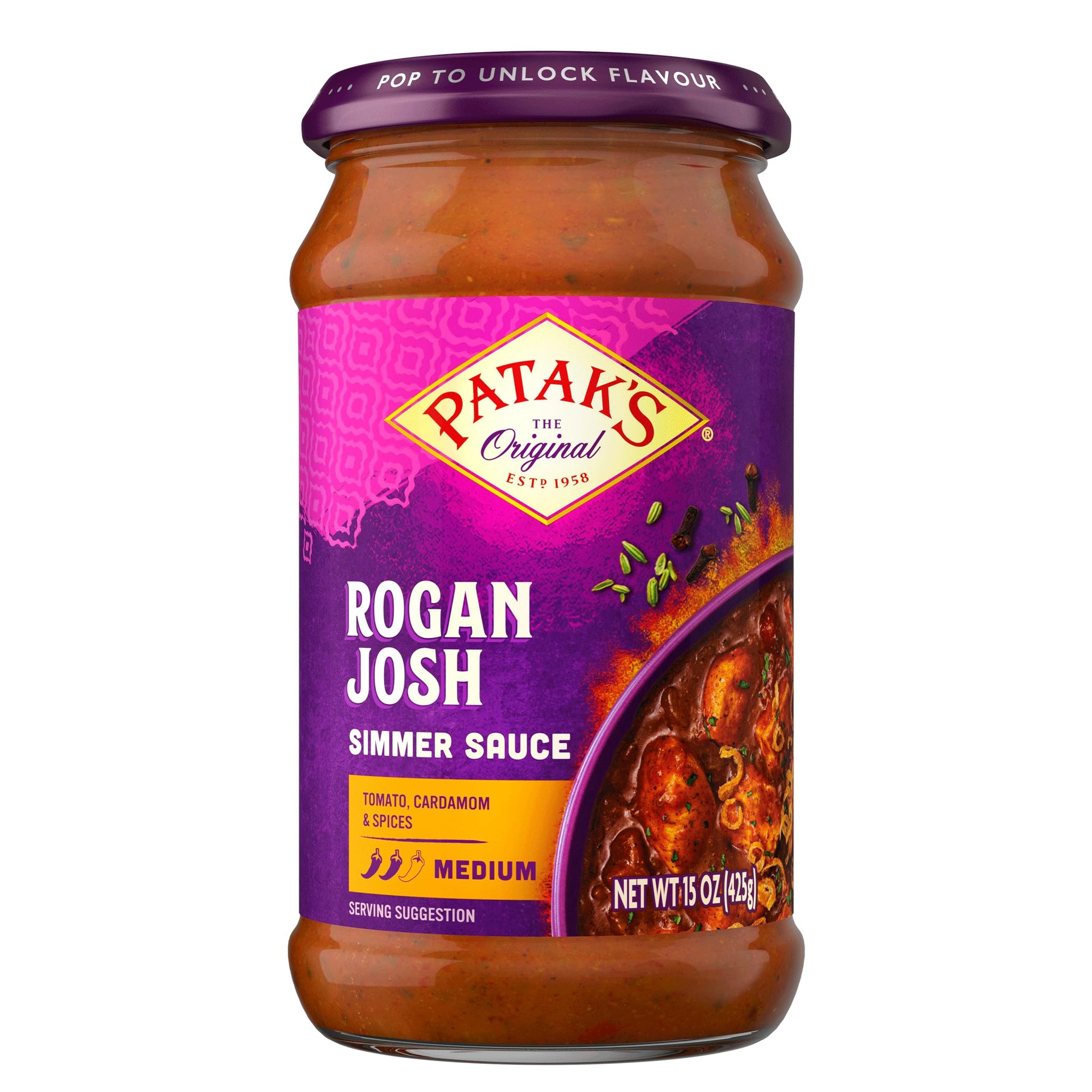 Patak’s Rogan Josh Simmer Sauce - Medium Spiced Tomato-Based Curry Sauce with Garlic, Ginger & Aromatic Spices - Gluten-Free & Vegan Indian Simmer