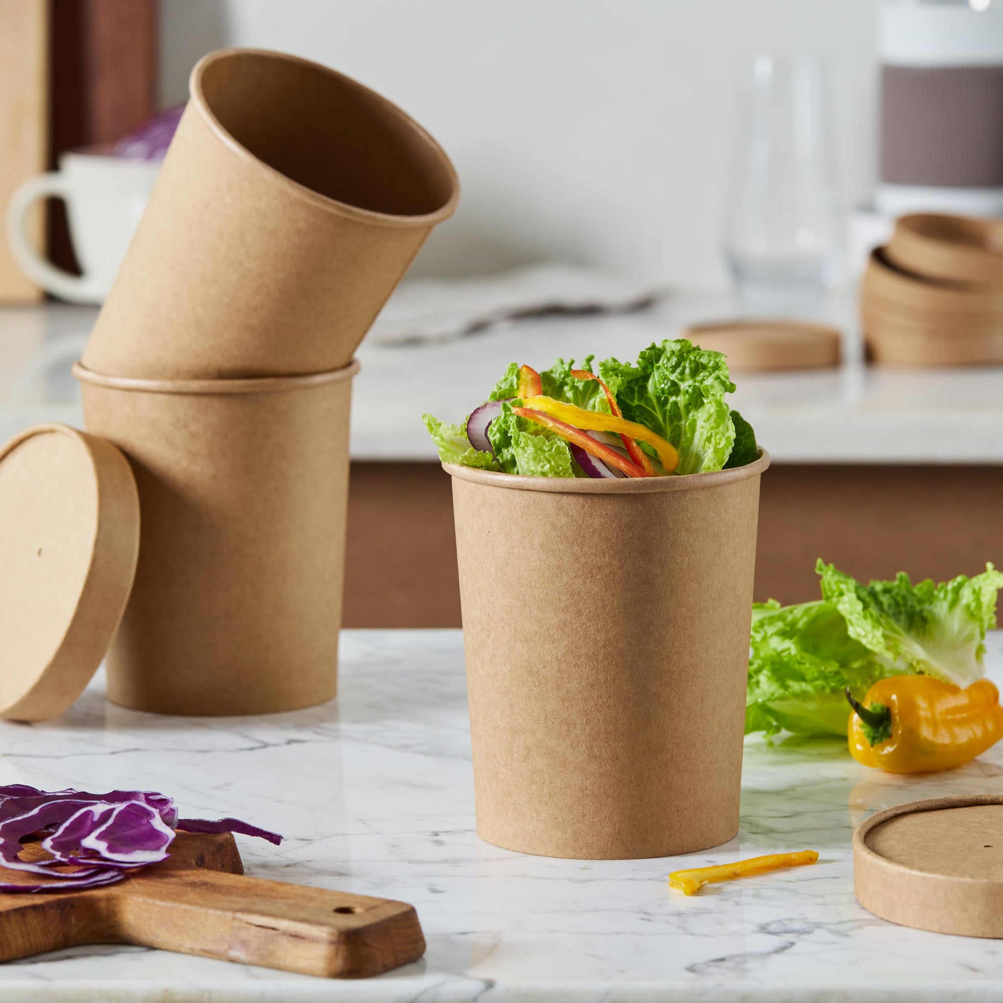 DealbyBox Disposable Kraft Paper Soup Cups with Lids, Paper Food Containers, Ice Cream Cups, To Go Bowls for Hot and Cold Food Combo Pack (250 Sets)