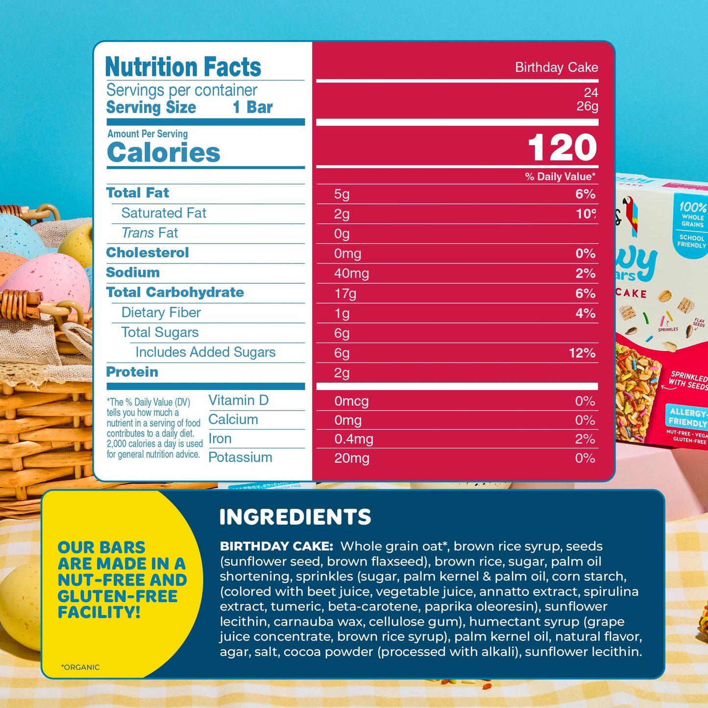 Blake’s Seed Based Chewy Granola Bars - Birthday Cake (24 Count), Vegan, Gluten Free, Nut Free & Dairy Free, Healthy Snacks for Kids or Adults, School