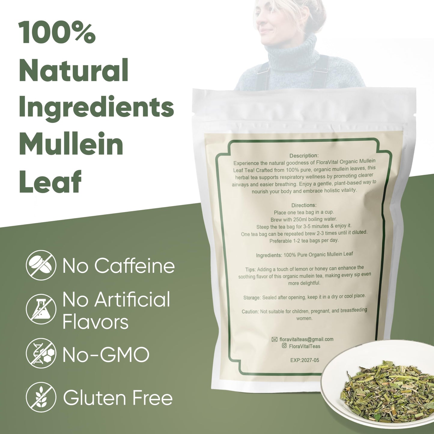 FloraVital Organic Mullein Tea | 100% Pure Mullein Leaf | Lung & Respiratory Support | Caffeine Free | No Fillers | Herbal Tea