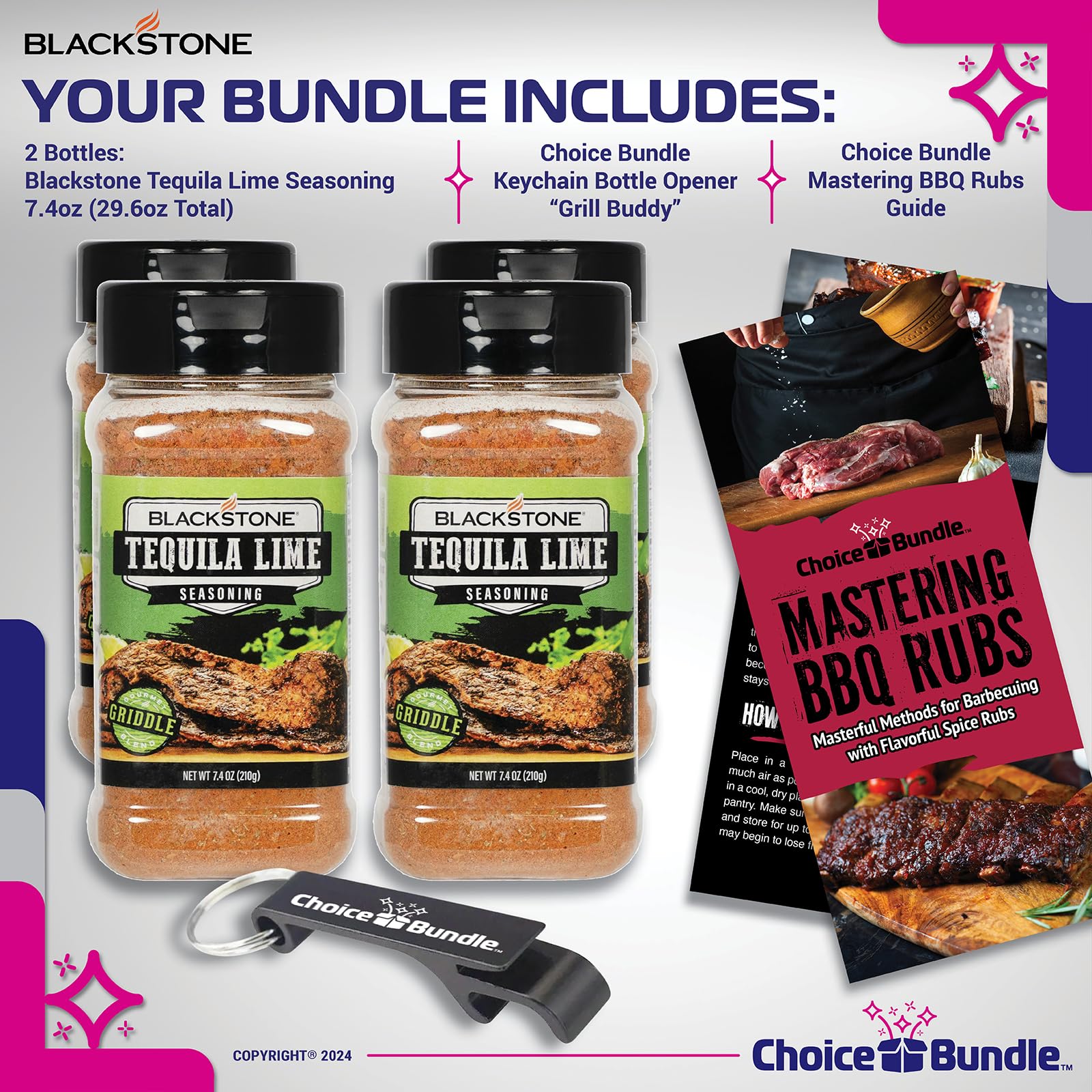 Blackstone Tequila Lime Seasoning - Gourmet Griddle Premium Barbecue Rub 4 Pk (29.6 oz) + BBQ Masters & Opener (6 Items)!