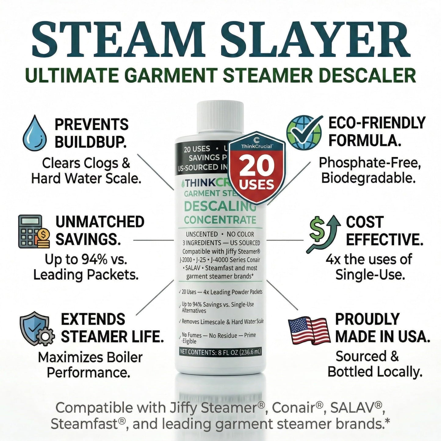 Think Crucial Garment Steamer Descaler - 20 Uses, 94% Savings - Compatible with Jiffy J-2000 J-4000 Conair SALAV - 8 fl oz