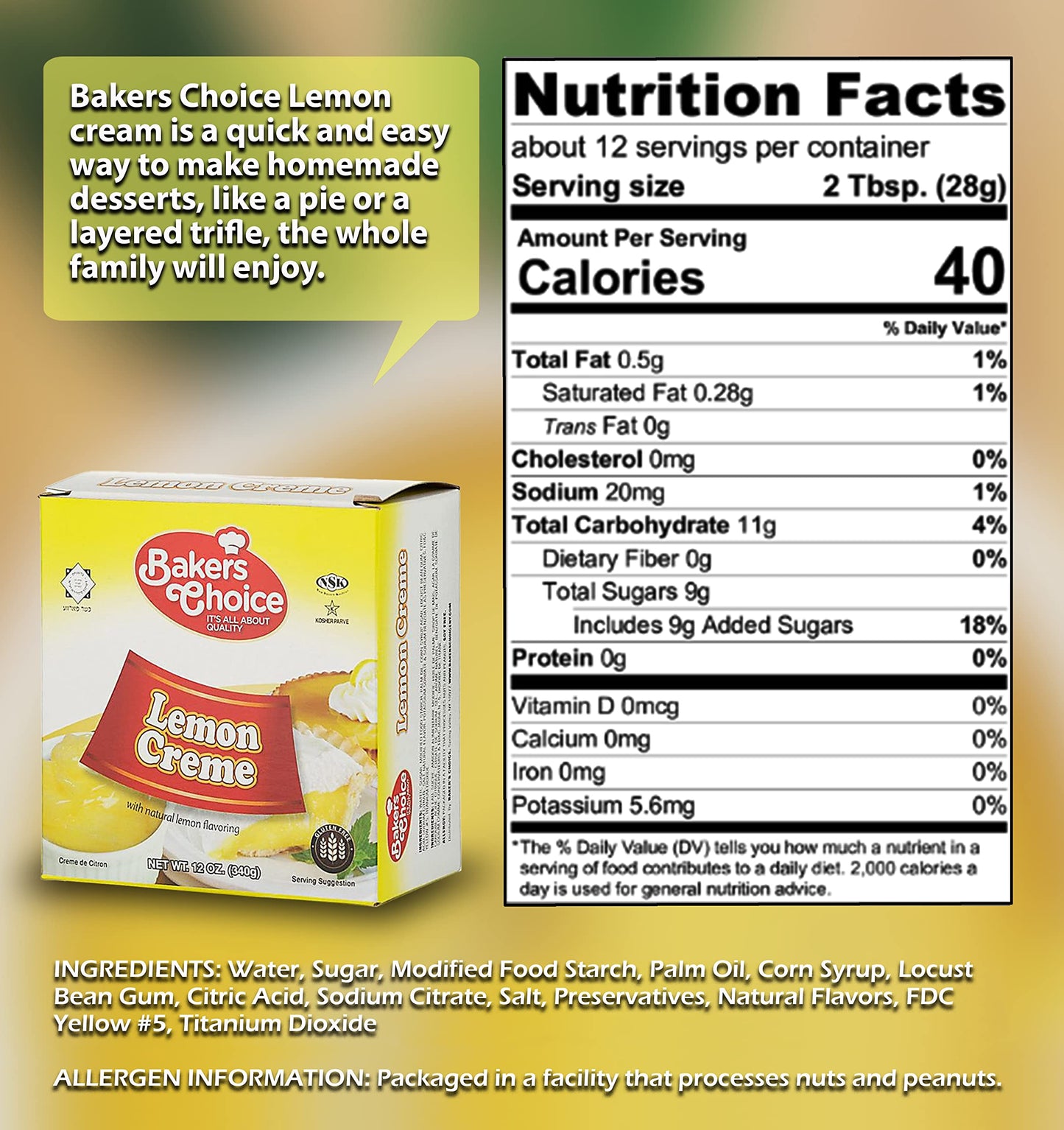 Lemon Pie Filling, 12 oz - Lemon Cake Filling Cream - Pastry Filling Cake Donut and Dessert Topping and Spread - Kosher - by Bakers Choice
