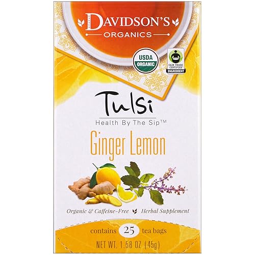 Davidson's Organic Tulsi Ginger Lemon Herbal Tea, 25 Caffeine-Free Teabags, 1.58 oz, 5.6 x 3.3 x 3 inches