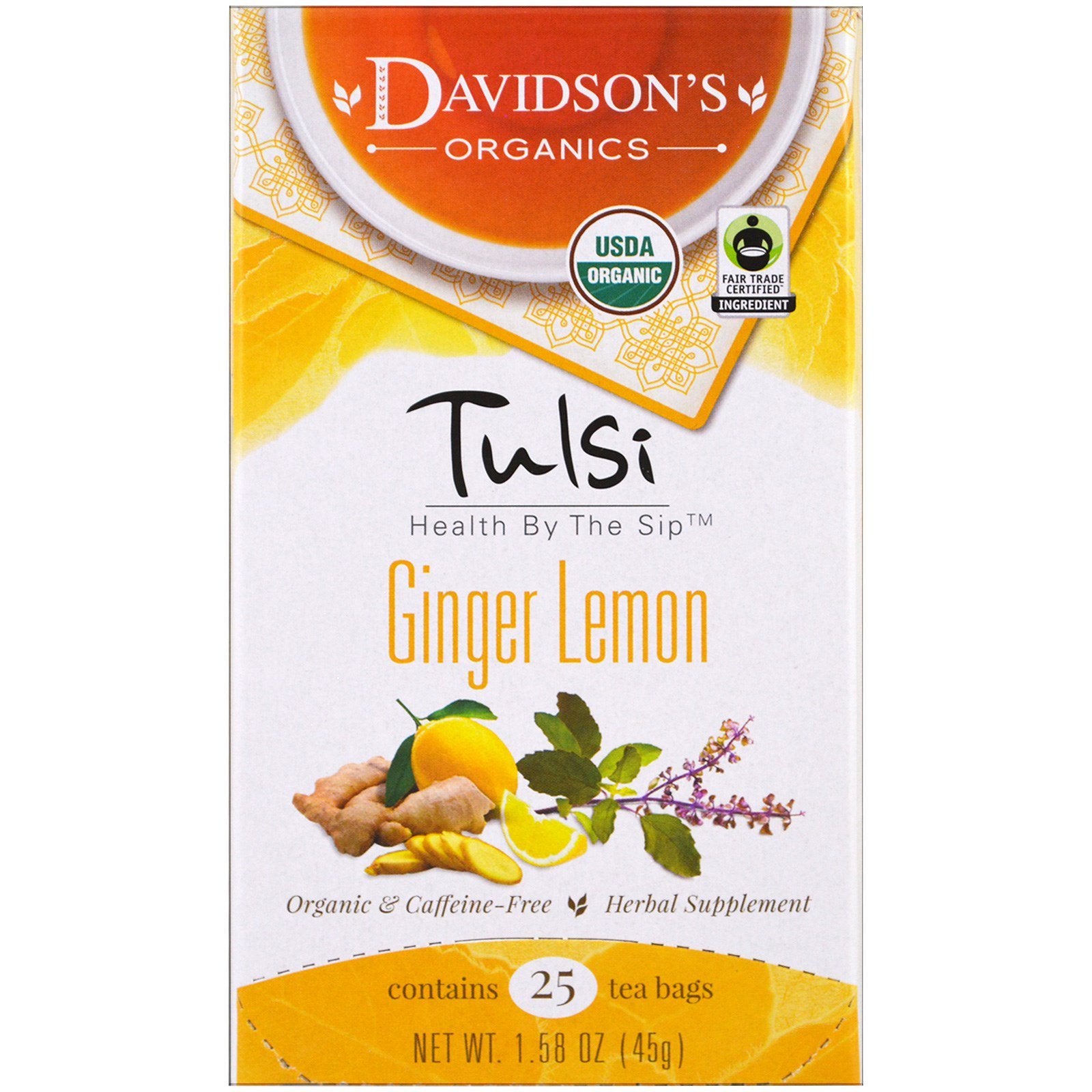 Davidson's Organic Tulsi Ginger Lemon Herbal Tea, 25 Caffeine-Free Teabags, 1.58 oz, 5.6 x 3.3 x 3 inches