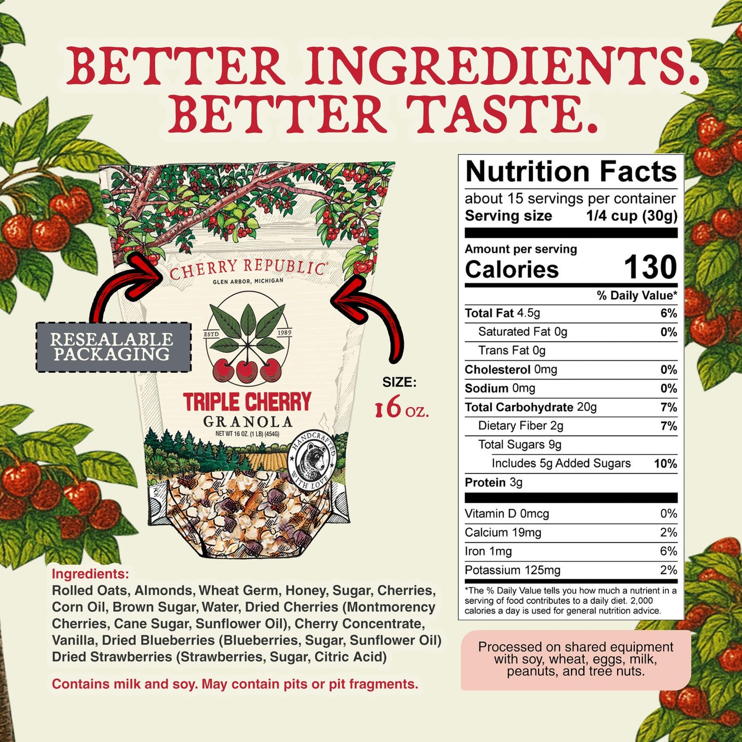 Cherry Republic Triple Cherry Granola, 1 lb Bag, Mix of Cherries, Blueberries, Strawberries, Oats, Almonds and Honey, Gourmet Snack, Healthy Granola