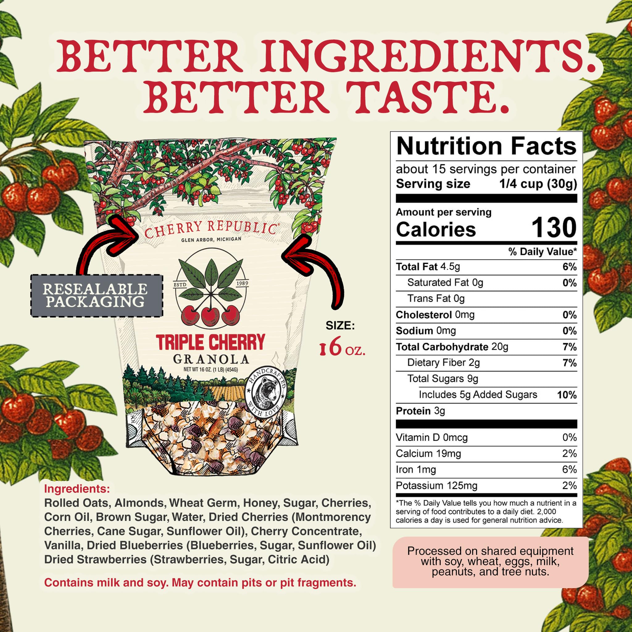 Cherry Republic Triple Cherry Granola, 1 lb Bag, Mix of Cherries, Blueberries, Strawberries, Oats, Almonds and Honey, Gourmet Snack, Healthy Granola