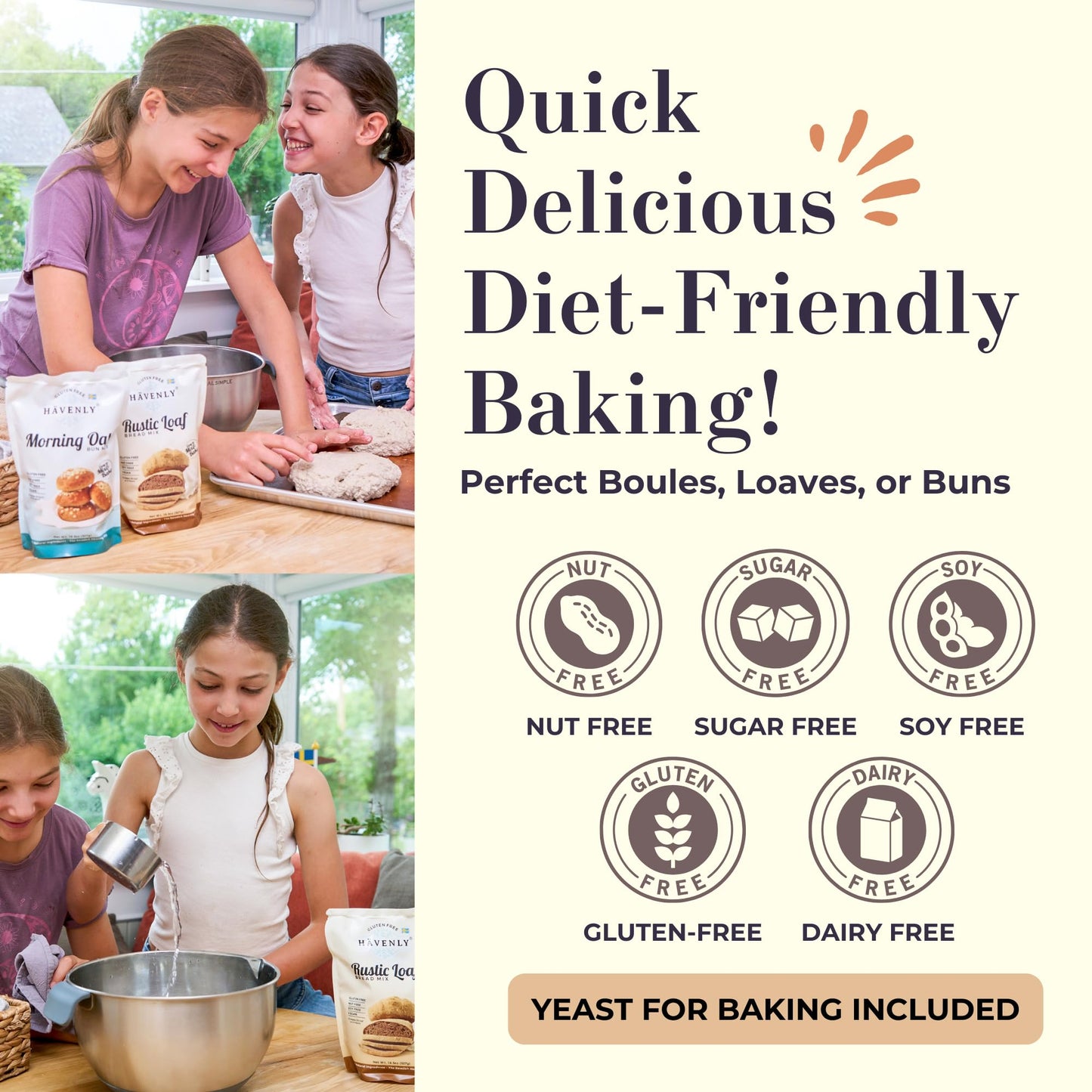 Havenly Rustic Bread Mix 18.5 oz Gluten Free Flour | Vegan, Dairy Free, Nut Free, Soy Free, Kosher Bread Flour | No sugar added | No Knead - Easy to Make | High Fiber Wholegrain Gluten Free Flour | Yeast for Baking Included