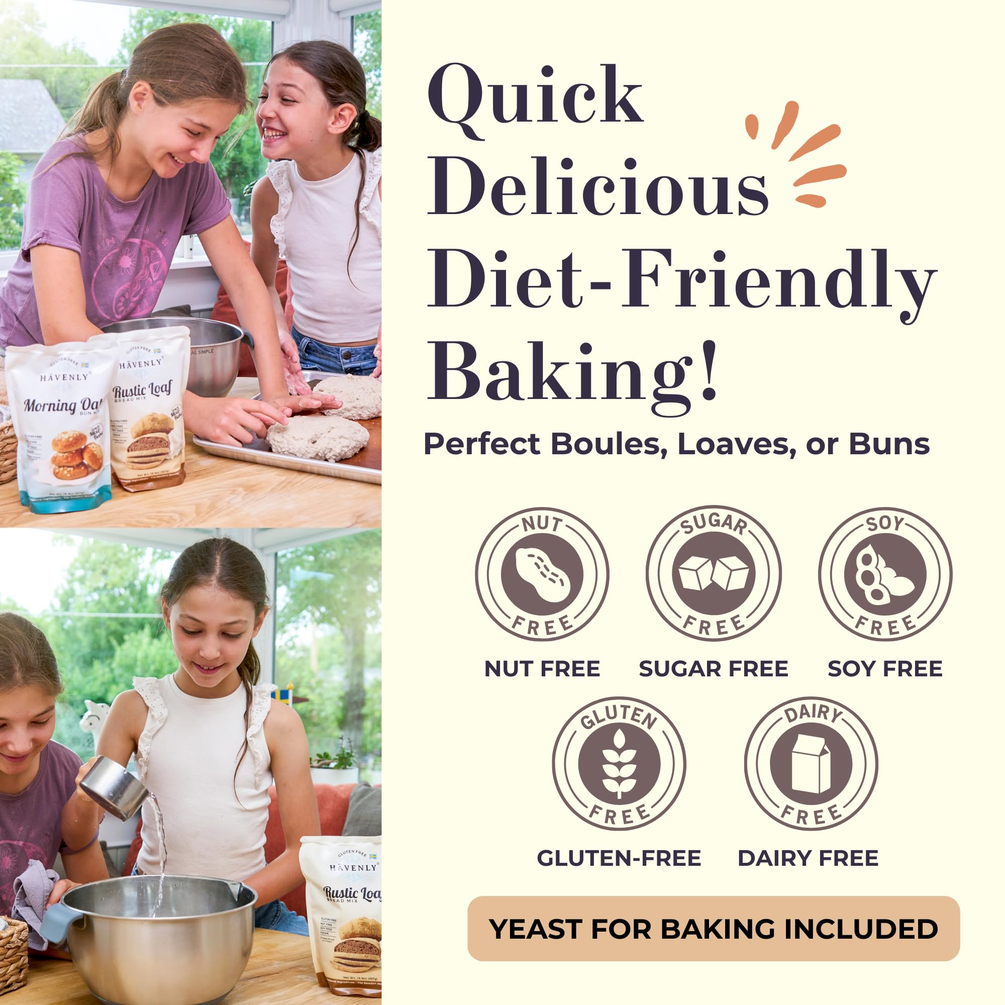 Havenly Rustic Bread Mix 18.5 oz Gluten Free Flour | Vegan, Dairy Free, Nut Free, Soy Free, Kosher Bread Flour | No sugar added | No Knead - Easy to Make | High Fiber Wholegrain Gluten Free Flour | Yeast for Baking Included