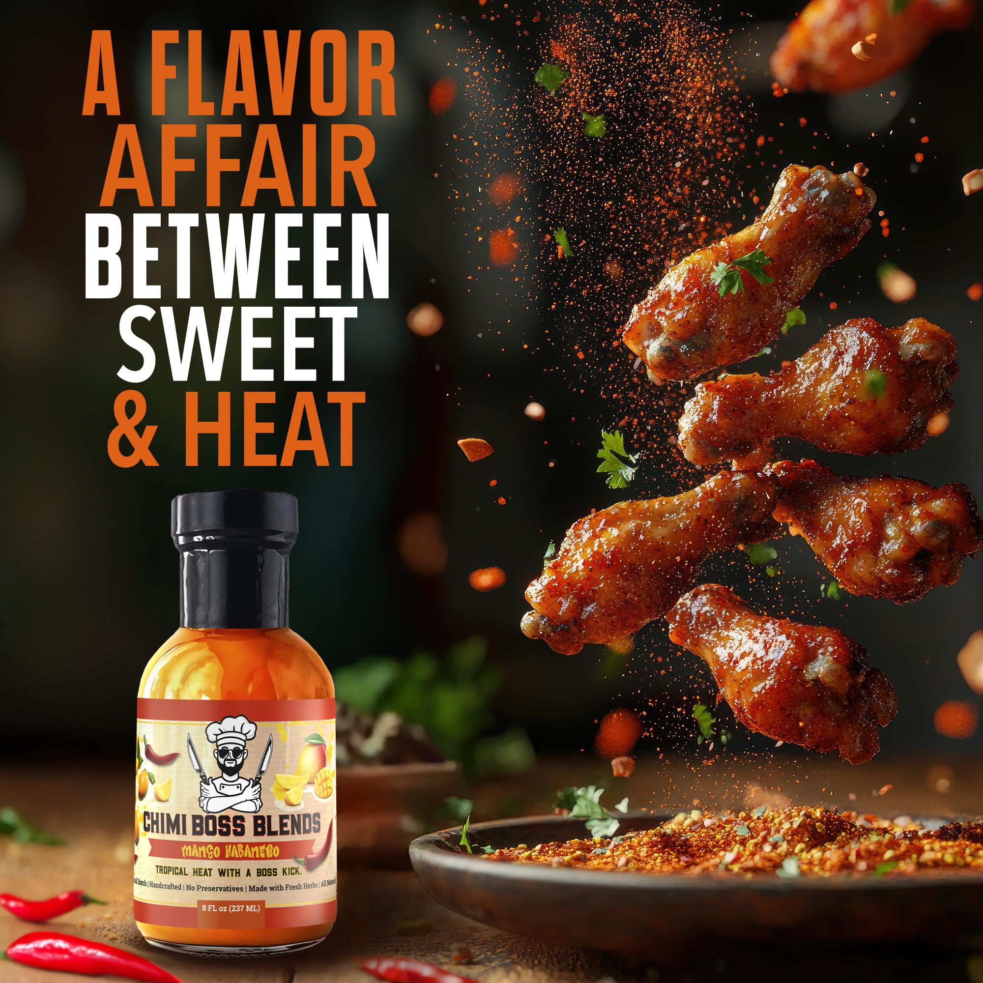 Chimi Boss Mango Habanero Sauce - Sweet-Heat Flavor Explosion for Tacos, Chicken, Pizza & More - 8 fl oz Bottle - Small Batch, USA Made, No Fillers