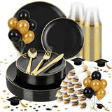 cheerserve 175pcs Plastic Dinnerware Set,Black and Gold Plastic Plates for 25 Guests Include 50 Elegant Plastic Plates,75 Plastic Silverware Set,25