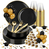 cheerserve 175pcs Plastic Dinnerware Set,Black and Gold Plastic Plates for 25 Guests Include 50 Elegant Plastic Plates,75 Plastic Silverware Set,25