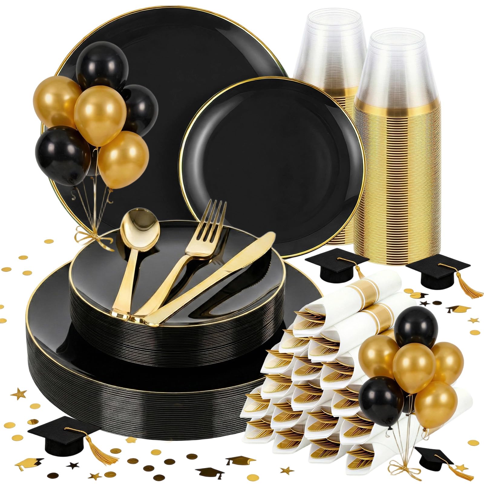 cheerserve 175pcs Plastic Dinnerware Set,Black and Gold Plastic Plates for 25 Guests Include 50 Elegant Plastic Plates,75 Plastic Silverware Set,25