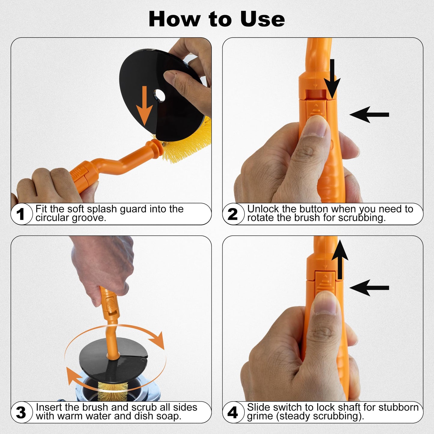 Universal Garbage Disposal Brush - 360° Rotating Head with Rubber Splash Guard, 17.7 Inches,Long-Handle Sink & Disposer Cleaner