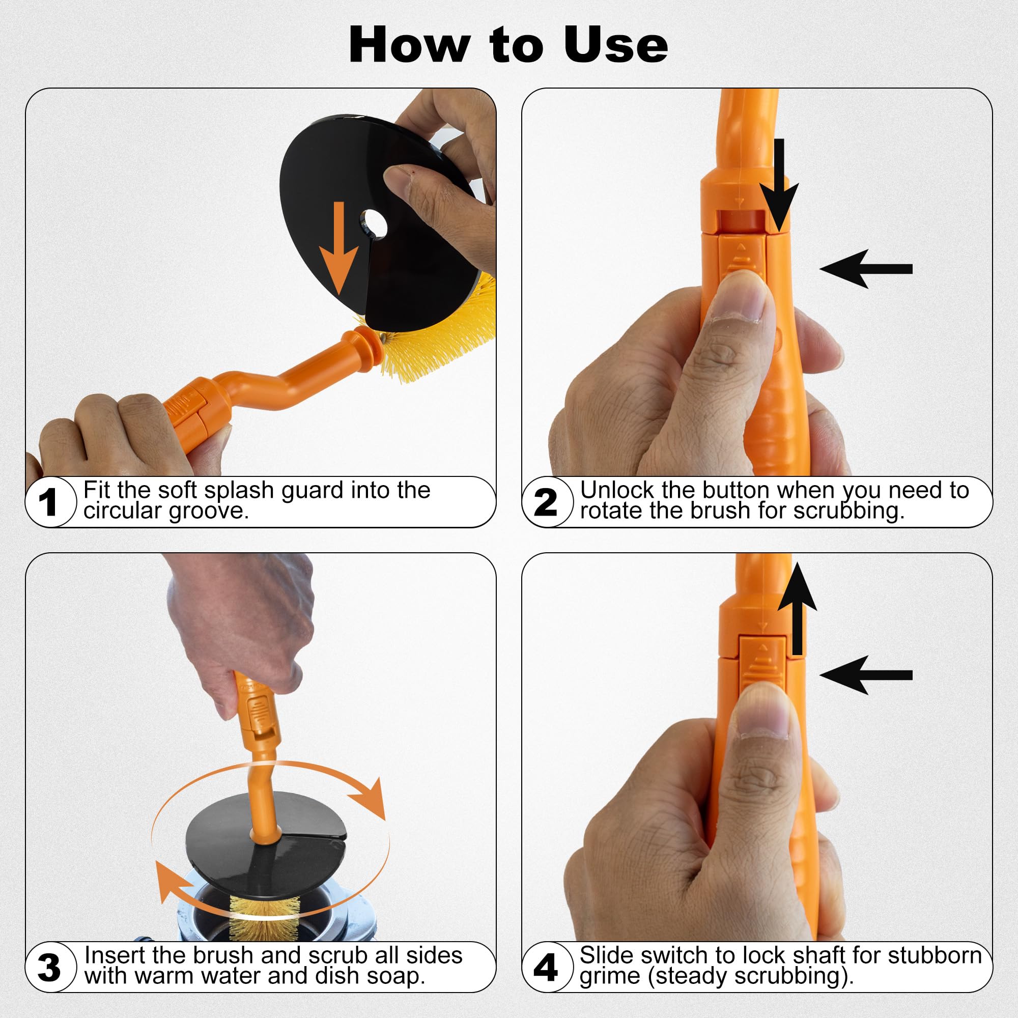 Universal Garbage Disposal Brush - 360° Rotating Head with Rubber Splash Guard, 17.7 Inches,Long-Handle Sink & Disposer Cleaner