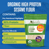 Kevala Organic Sesame Flour - 50% Protein Flour Made with Non GMO Sesame Seeds, With Mild Sesame Flavor, Vegan Protein Source, For Making Bread
