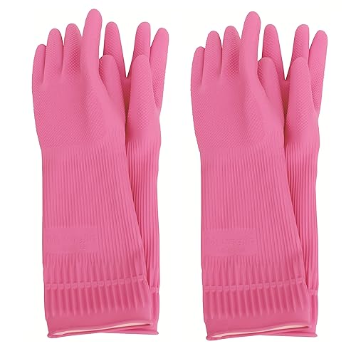 Myungjin (2 Pairs Reusable Waterproof Household Dishwashing Non-Slip Cleaning Latex Rubber Kitchen Gloves (Pink, Large)
