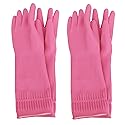 Myungjin (2 Pairs Reusable Waterproof Household Dishwashing Non-Slip Cleaning Latex Rubber Kitchen Gloves (Pink, Large)