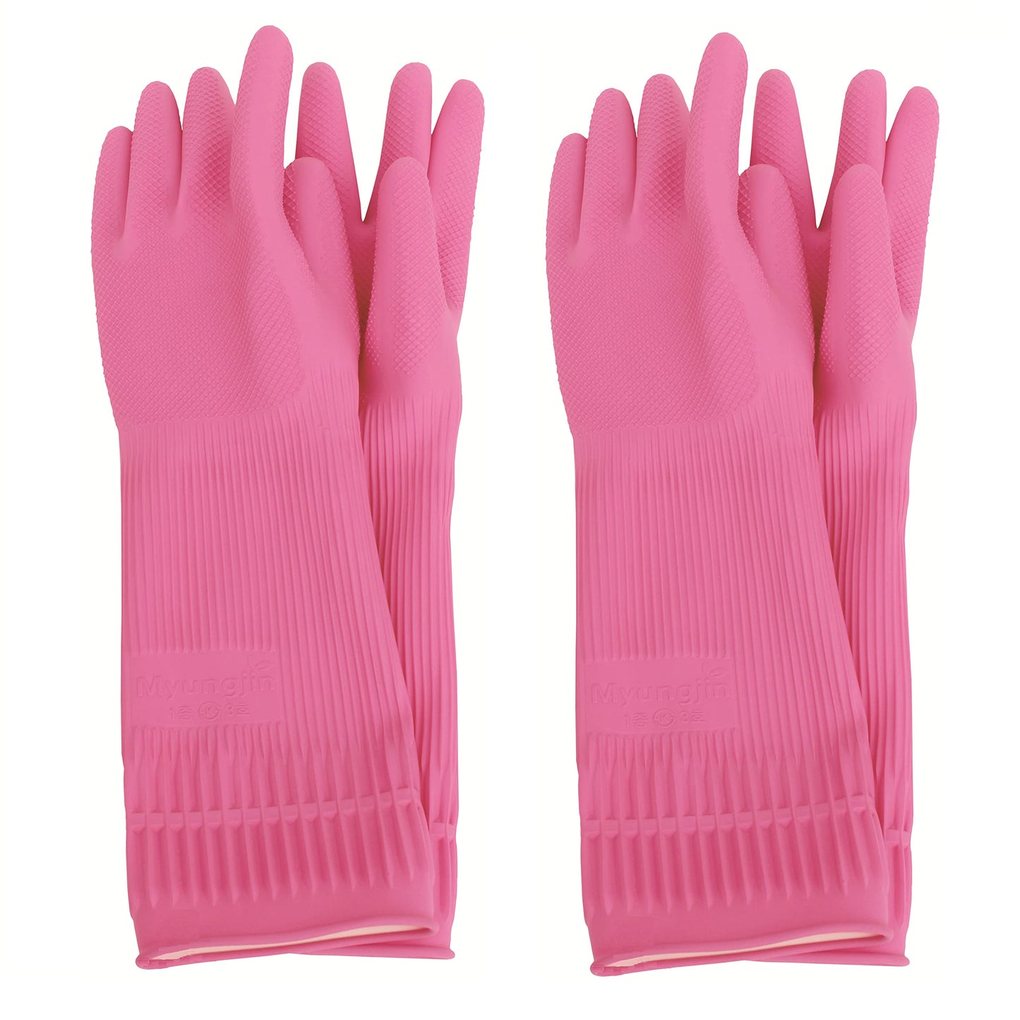 Myungjin (2 Pairs Reusable Waterproof Household Dishwashing Non-Slip Cleaning Latex Rubber Kitchen Gloves (Pink, Large)