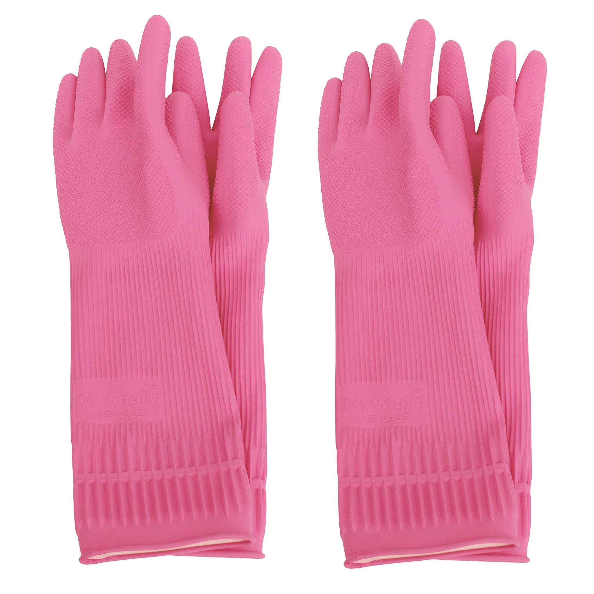 Myungjin (2 Pairs Reusable Waterproof Household Dishwashing Non-Slip Cleaning Latex Rubber Kitchen Gloves (Pink, Large)