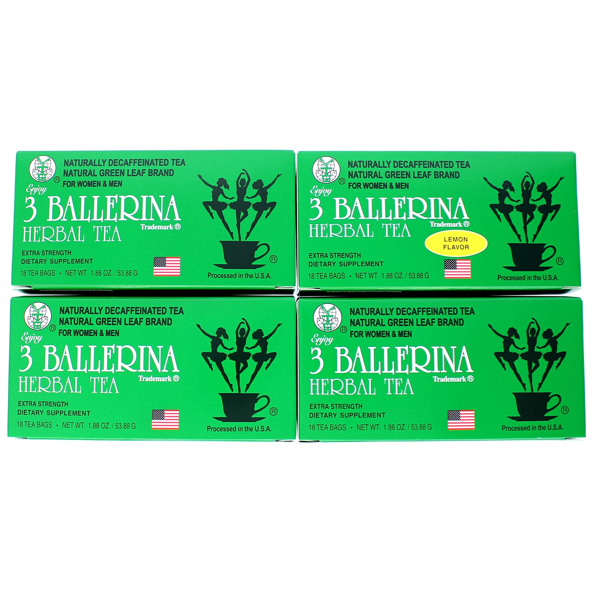 3 Ballerina Herbal Green Detox Tea- Bundle of 4 Boxes- Original 18 CT (3 Boxes) + Lemon 18 CT (1 Box)- 72 TEABAGS- Slimming Tea - Natural Tea