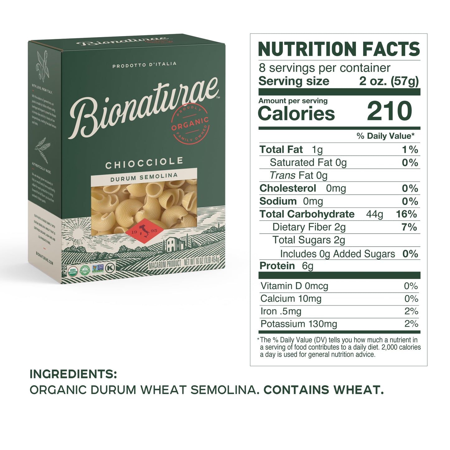 Bionaturae Chiocciole Pasta Noodles - Durum Semolina Pasta, Kosher, High Protein, Non-Gmo, Usda Certified, Durum Semolina Chiocciole, Chiocciole Pasta