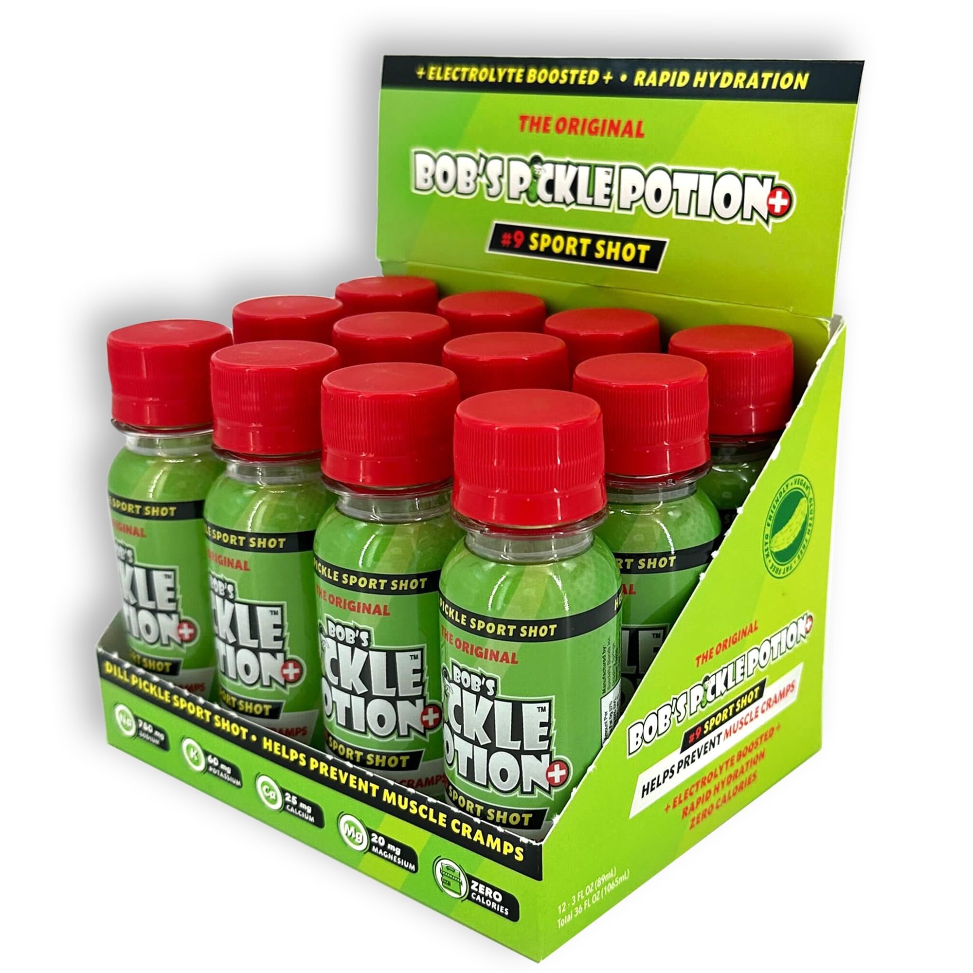 Bob's Pickle Potion Plus #9 Sport Shot. Pickle Juice Shots. 3 Oz (Pack of 12, Dill Pickle Plus)