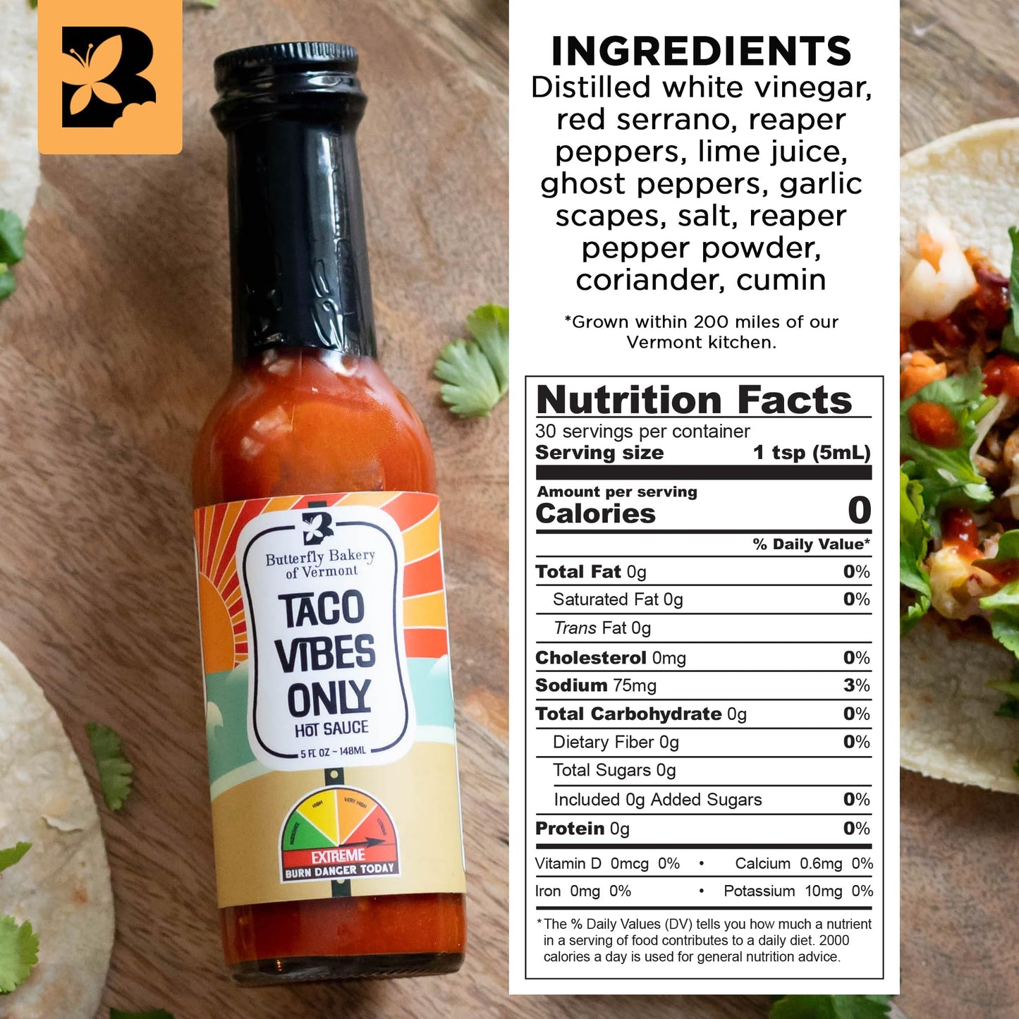Butterfly Bakery of Vermont Taco Vibes Only Hot Sauce, 5 fl oz