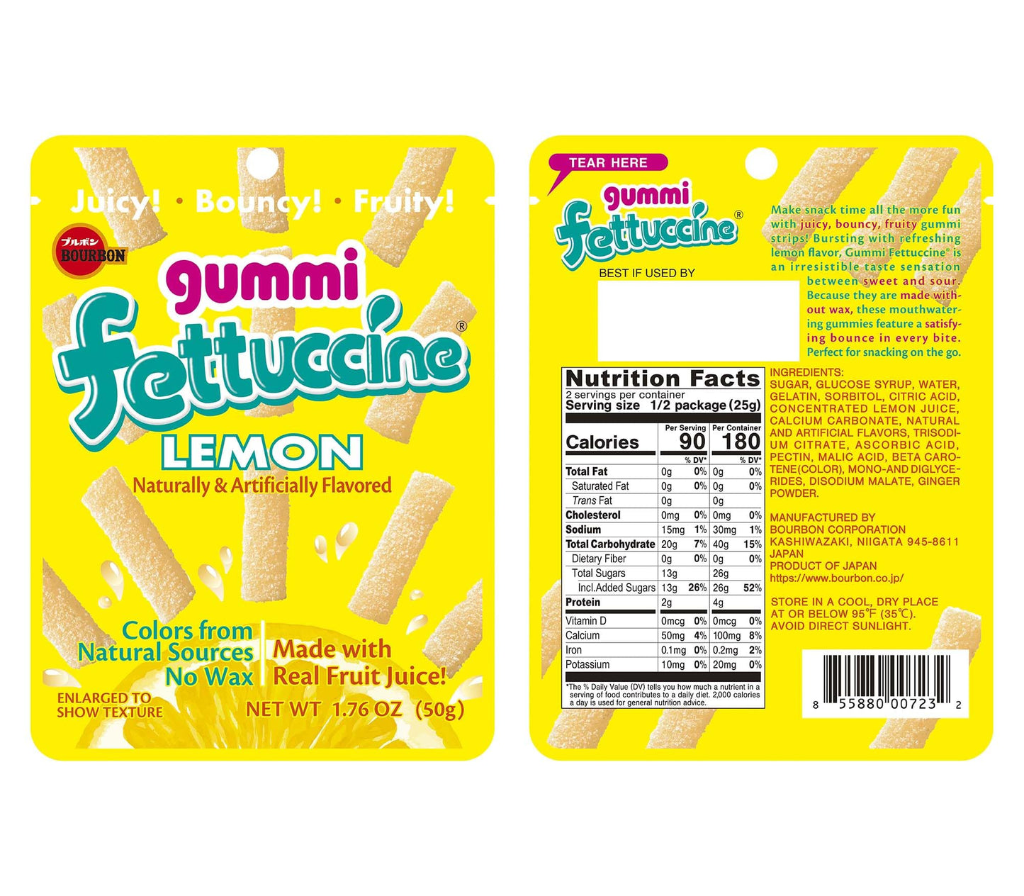 Bourbon Fettuccine Gummi Lemon Candy, 10-Pack - Japanese Tangy & Chewy Gummy Strips with Real Lemon Juice
