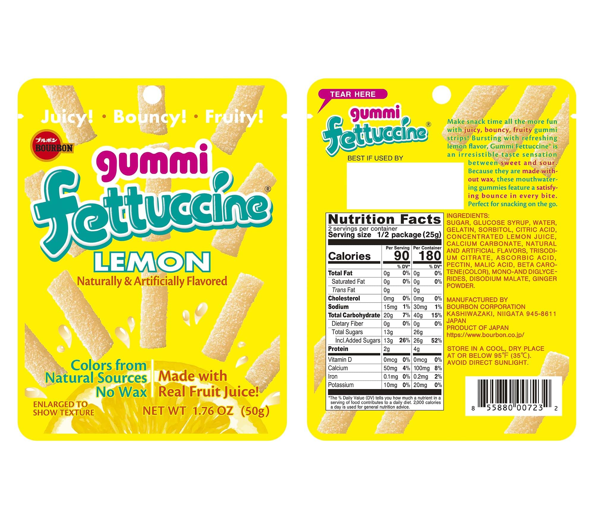 Bourbon Fettuccine Gummi Lemon Candy, 10-Pack - Japanese Tangy & Chewy Gummy Strips with Real Lemon Juice