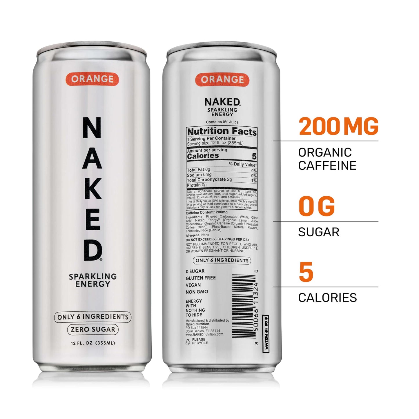 Naked Sparkling Energy Drink - Orange, Organic Caffeine, Organic Lemon Juice, Zero Sugar, No Sucralose, Naturally Sweetened, Clean Energy Drinks