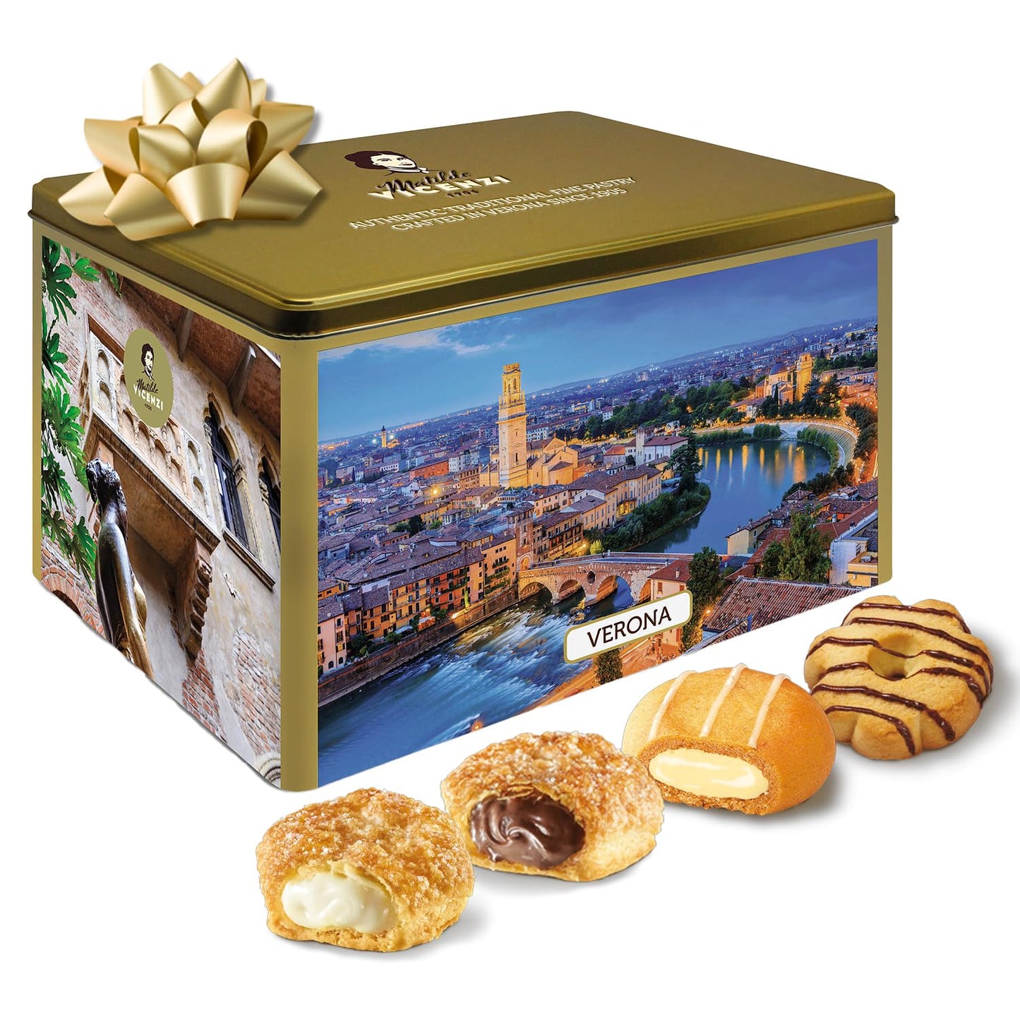 Matilde Vicenzi Verona Gift Tin - Assortment of Italian Pastries and Cookies - Gourmet Gifts for Father's Day, Birthday and Every Special Occasion