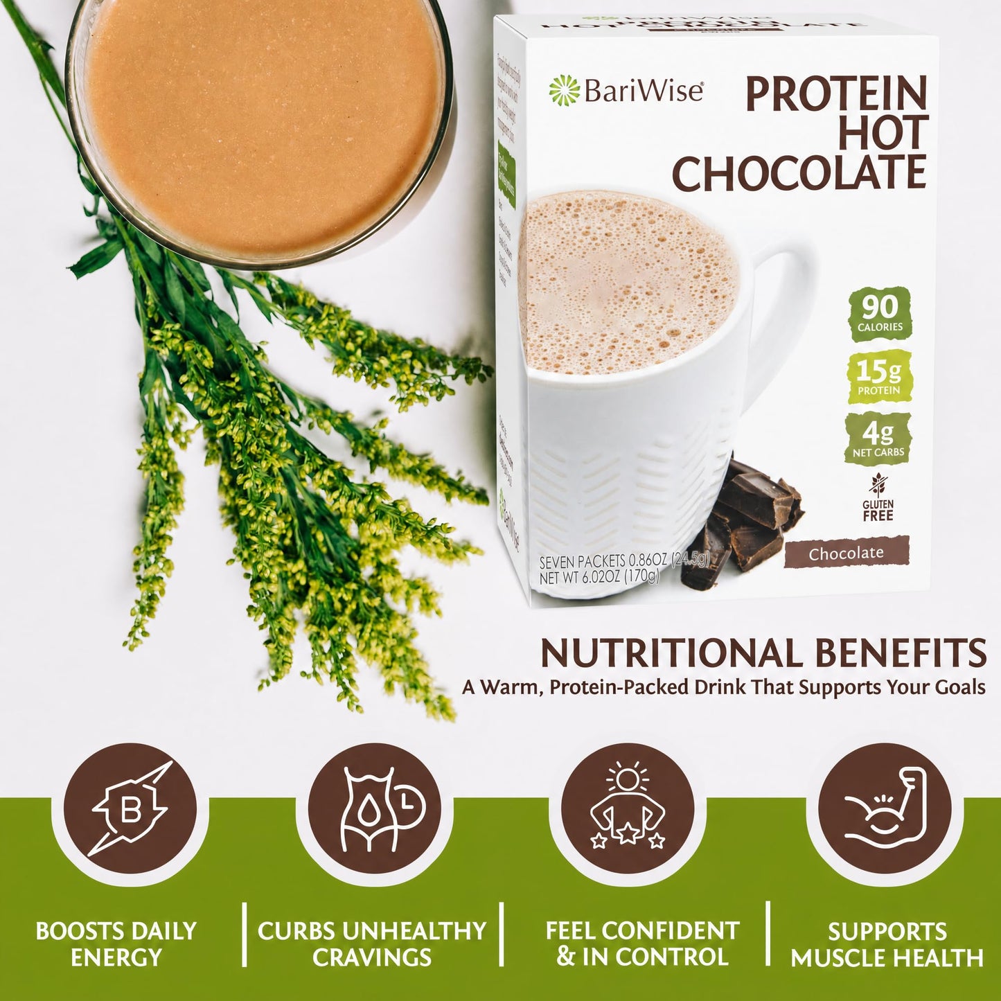 BariWise Protein Hot Chocolate, Hot Cocoa, Low Sugar, Low Carb, Keto Friendly & Gluten Free (7ct)