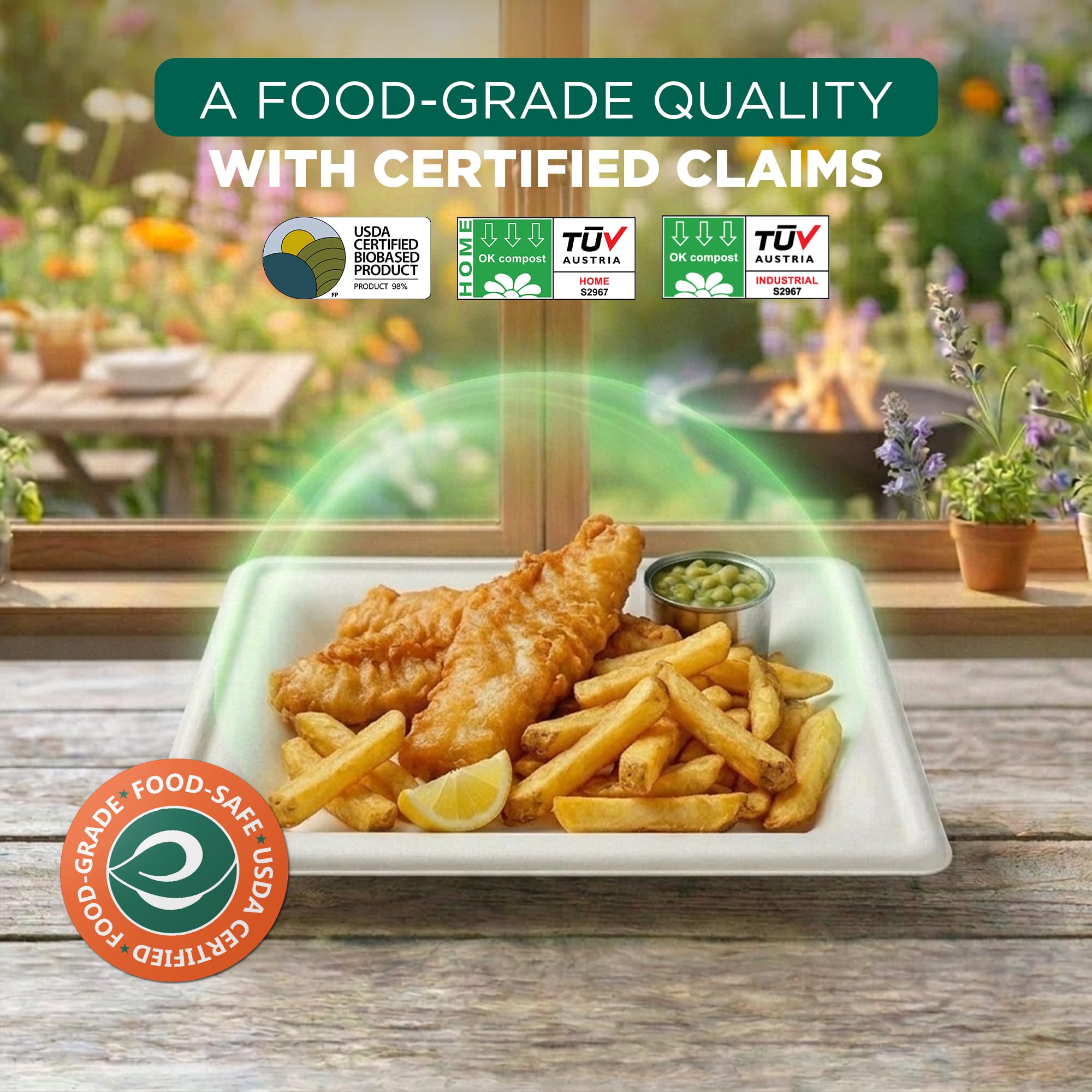 ECO SOUL Compostable Paper Plates 8 Inch, 100 Pack - Heavy Duty Disposable Square Plates, White Bagasse, Leak & Oil Resistant, Microwave Safe
