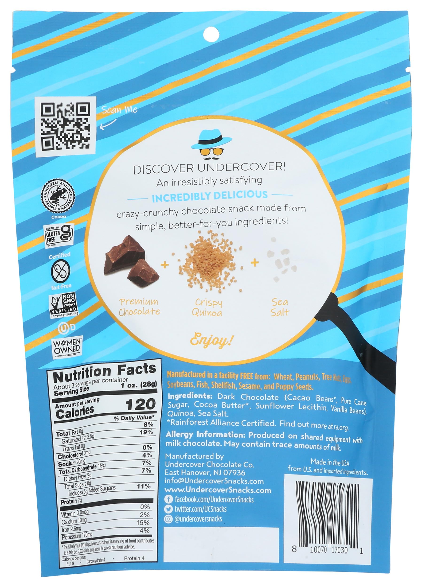 UNDERCOVER SNACKS CHOCOLATE CO Dark Chocolate & Sea Salt Quinoa Crisps (Only 1 piece that weighs 3 oz)